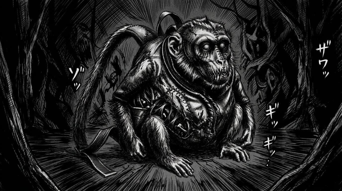 A horror manga illustration of a zombie monkey wearing a backpack, crouching in a dark tunnel with Japanese sound effect text